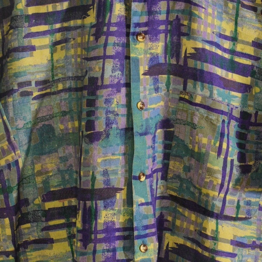 90s Vintage Abstract Print Button Down Shirt Mens S Purple Linen Cotton Relaxed - Picture 2 of 7